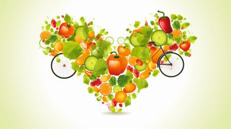 Creative and colorful heart  shaped arrangement of fresh fruits and vegetablesの素材
