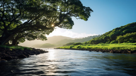 Serene coastal inlet with calm waters and lush greeneryの素材