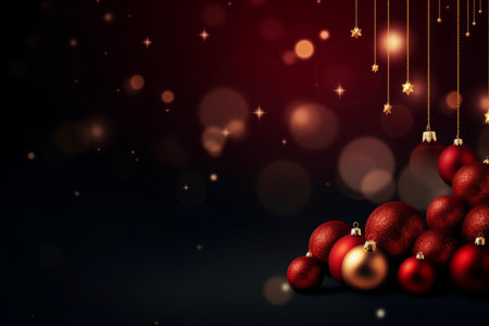 Vibrant stack of red christmas balls on a contrasting black backdropの素材