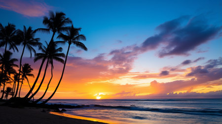 Tranquil beach sunset with palm trees silhouetted against the skyの素材