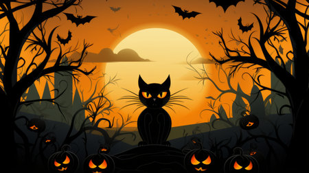 Halloween themed cat clip art with a spooky backdropの素材