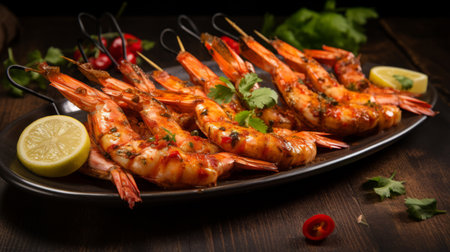 Skewers of BBQ prawns with a vibrant marinade, an appetizing spectacleの素材