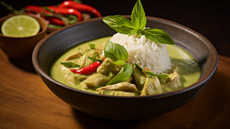A bowl of aromatic and flavorful thai green curry with jasmine riceの素材