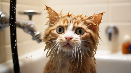 A cat enjoying a bath with a hilariously unamused expressionの素材