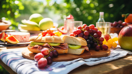 A summer picnic table with sandwiches and fruitの素材