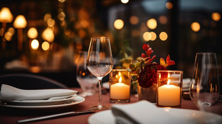 A closeup of a candlelit dinner settingの素材