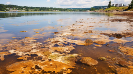A polluted lake with a thick layer of brown algae on the water's surfaceの素材