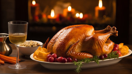 A festive thanksgiving table set with a beautifully roasted turkeyの素材