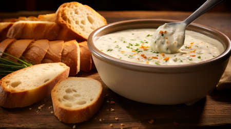 A piece of bread making a satisfying splash in clam chowderの素材