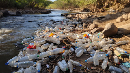 A riverbed cluttered with plastic bottles and bagsの素材
