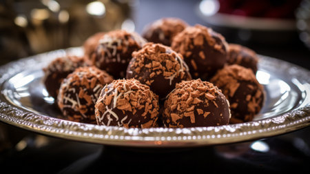 A plate of delectable chocolate truffles with a glossy finishの素材