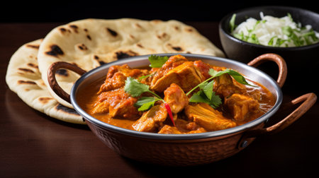 A bowl of steaming and aromatic chicken curry with naan breadの素材