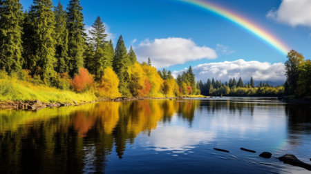 A rainbow reflected in a calm, pristine riverの素材