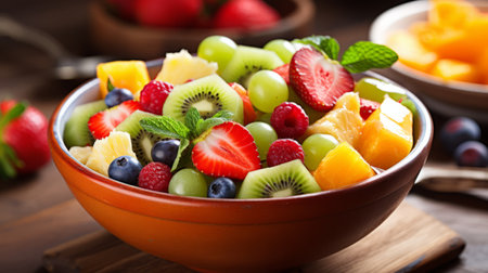 A fresh and colorful fruit salad in a decorative bowlの素材