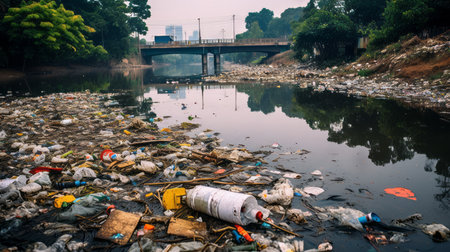 A polluted river with garbage and debrisの素材