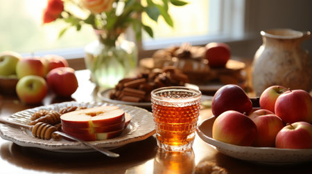 A traditional rosh hashanah table set with sweet apples and honeyの素材