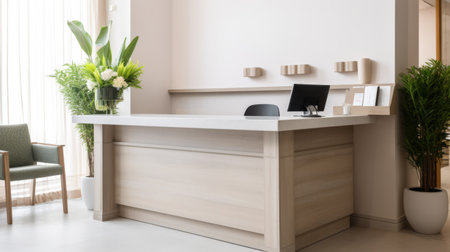 A receptionist desk with a modern and organized workspaceの素材