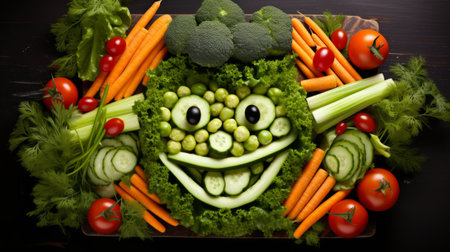 A creative arrangement of fresh vegetables forming a smiling faceの素材