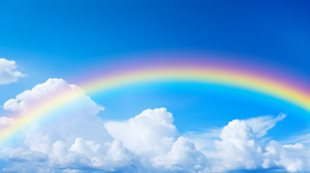 A vibrant, smiling rainbow against a blue skyの素材