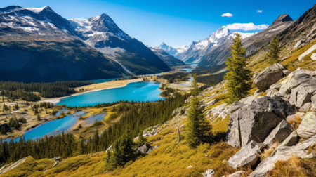 A breathtaking alpine landscape with glacier fed lakesの素材