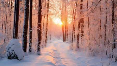 A snow covered forest path at dawnの素材