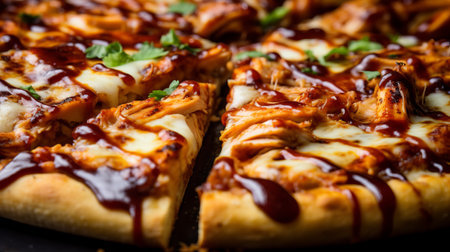 A closeup of a bbq chicken pizza with barbecue sauceの素材