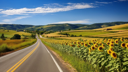 A road surrounded by lush fields of sunflowersの素材
