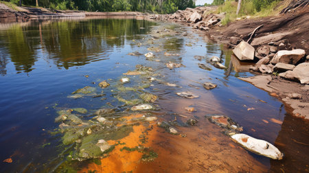Chemical pollution affecting aquatic life in a riverの素材