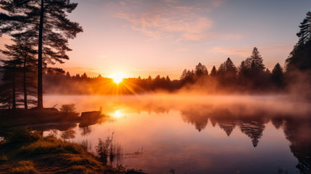 A radiant sunrise over a mist covered lakeの素材