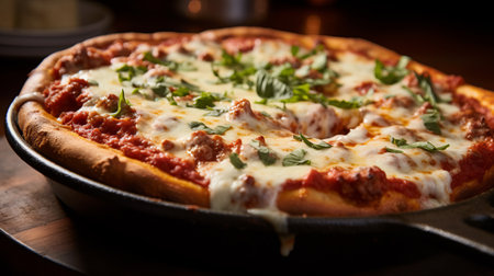 A closeup of a deep dish pizza with gooey cheeseの素材