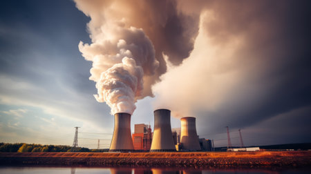 A nuclear power plant emitting radioactive steamの素材