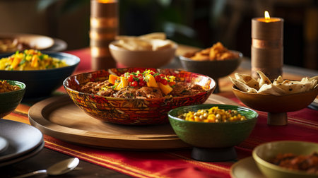 A beautifully set dining table adorned with ethnic dishes for a cultural celebrationの素材