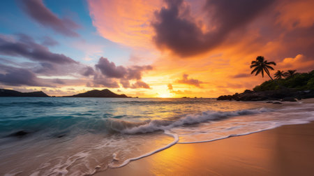 A tropical beach with colorful sunset huesの素材