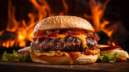 Bbq burger sizzling on the grill, a celebration of flame kissed indulgenceの素材