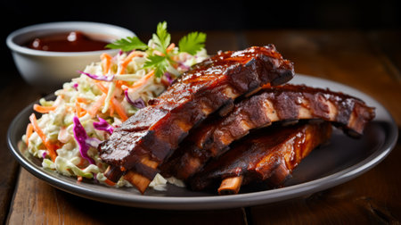 A plate of delectable and succulent bbq ribs with coleslawの素材