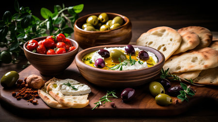 A mediterranean meze table with olives and pita breadの素材