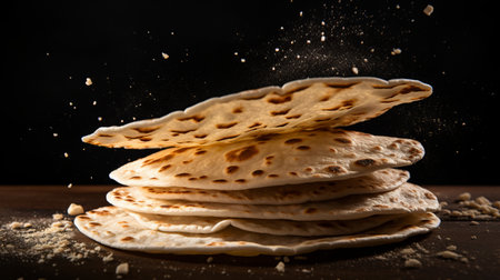 A stack of tortillas flipping in the airの素材