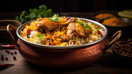A biryani pot with layers of rice and tender chicken piecesの素材