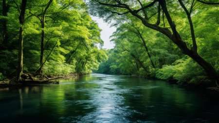 A tranquil river with a canopy of lush green treesの素材