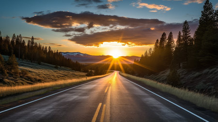 A road with a breathtaking sunrise on the horizonの素材