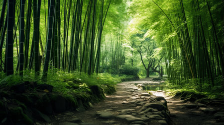 A lush bamboo grove in a quiet forestの素材