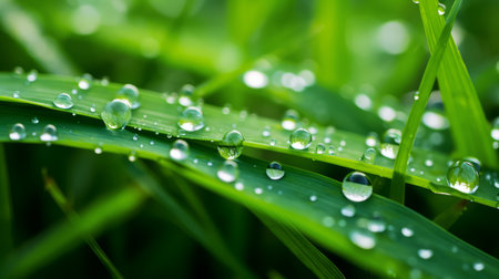 A closeup of raindrops on a blade of grassの素材