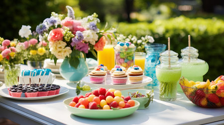 A garden party table filled with colorful treatsの素材