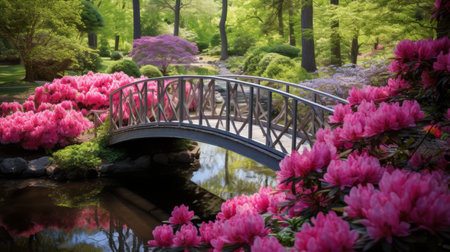 A garden bridge framed by colorful azaleasの素材