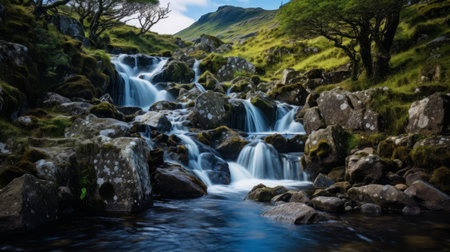 A cascading waterfall in a serene, remote locationの素材