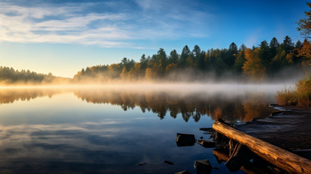 A serene morning fog over a tranquil lakeの素材