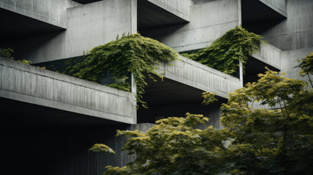 A striking contrast between brutalist geometry and natureの素材