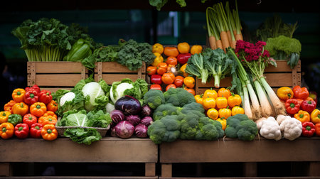 A farmer's market stall displaying a rich variety of fresh produceの素材