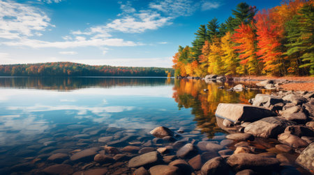 A serene lake surrounded by vibrant fall foliageの素材