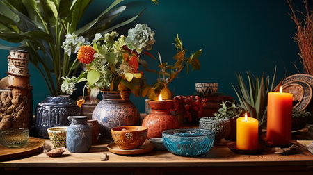 A bohemian inspired table with eclectic decorの素材